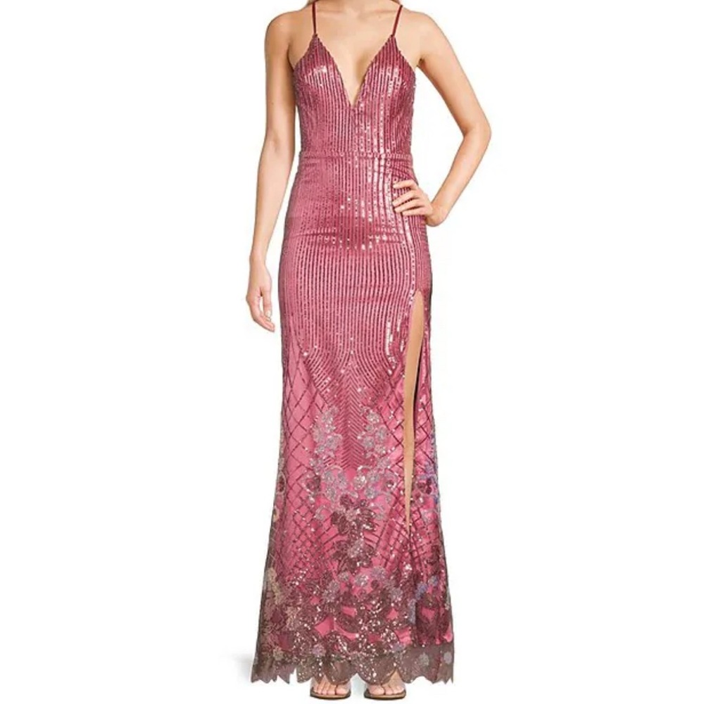 Dusty Rose Sequin Maxi Gown with Spaghetti Straps for Prom